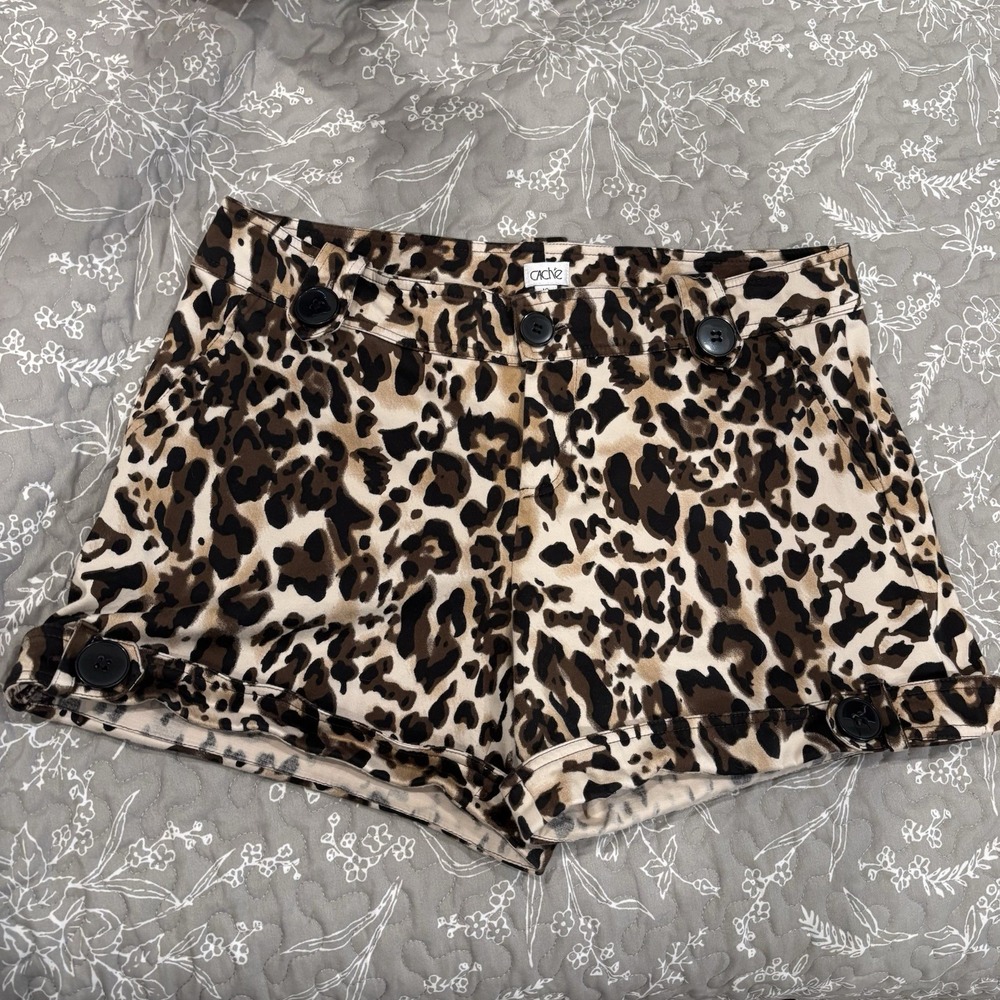 Cache‎ Womens Shorts Size 10 Leopard Print Button Detail High Rise Cuffed Cotton